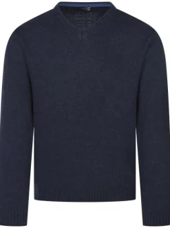 Pull marine uni avec une coupe droite, un col v et à manches longues