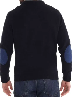 Pull marine uni avec une coupe droite, un col v et à manches longues