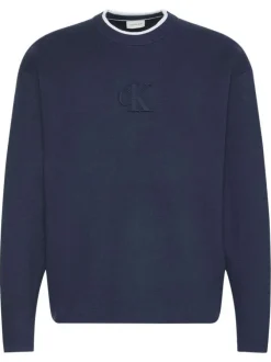 Pull marine uni coupe ajustée col rond avec des manches longues