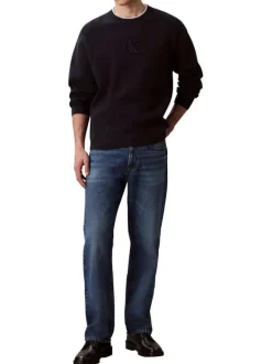 Pull marine uni coupe ajustée col rond avec des manches longues