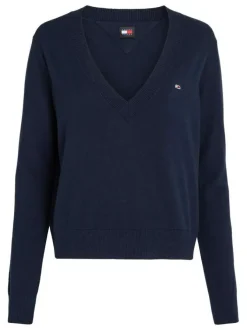 Pull marine uni coupe droite avec un col v et des manches longues