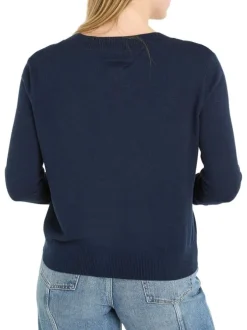 Pull marine uni coupe droite avec un col v et des manches longues