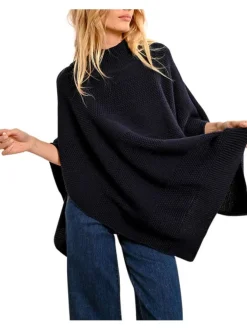 Pull marine uni style poncho avec une coupe ample et col montant