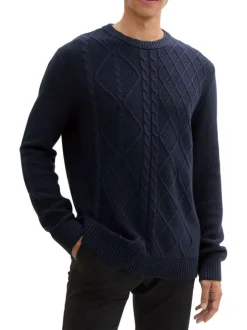 Pull marine uni torsadé à coupe droite, col rond et à manches longues