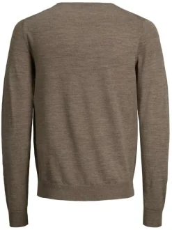 Pull MARK taupe en laine merinos unie coupe droite col rond