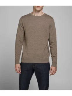 Pull MARK taupe en laine merinos unie coupe droite col rond