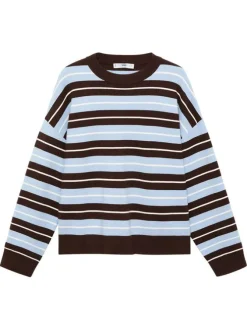 Pull marron et bleu rayé avec une coupe ample et un col rond