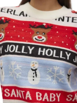 Pull multicolore à imprimé Noël à coupe droite, col rond et à manches longues