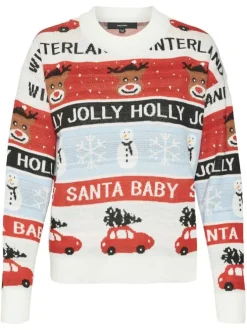 Pull multicolore à imprimé Noël à coupe droite, col rond et à manches longues