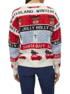 Pull multicolore à imprimé Noël à coupe droite, col rond et à manches longues