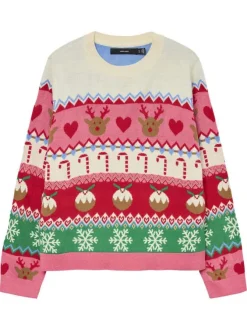 Pull multicolore à motif fantaisie avec col rond et manches longues