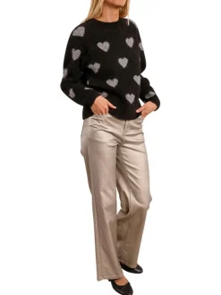 Pull noir avec imprimé coeurs gris à coupe droite et à col rond