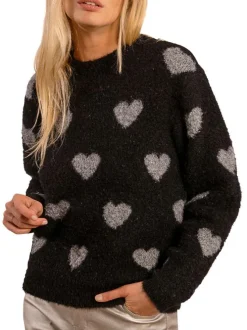 Pull noir avec imprimé coeurs gris à coupe droite et à col rond