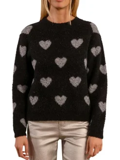 Pull noir avec imprimé coeurs gris à coupe droite et à col rond