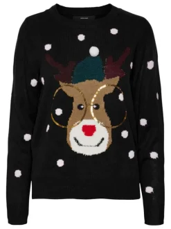 Pull noir avec motif de cerf de Noël droit à col rond et manches longues