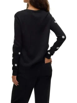 Pull noir avec motif de cerf de Noël droit à col rond et manches longues