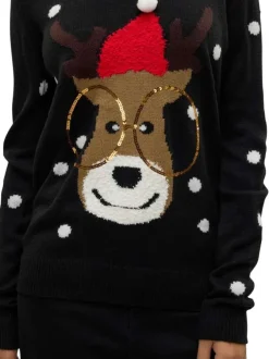 Pull noir avec motif de cerf de Noël droit à col rond et manches longues