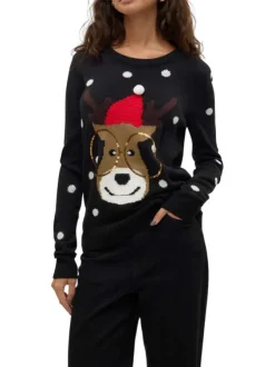 Pull noir avec motif de cerf de Noël droit à col rond et manches longues