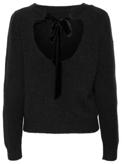 Pull noir chiné à coupe droite col rond et dos nu
