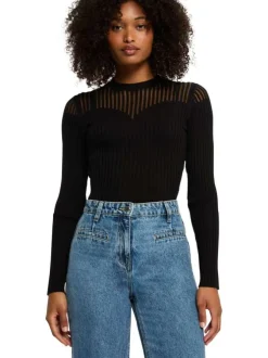 Pull noir côtelé à coupe près du corps et à buste transparent en forme de coeur