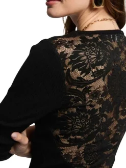 Pull noir côtelé à coupe près du corps et à dos en dentelle fleurie