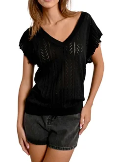Pull noir en maille ajourée avec une coupe droite et un col v