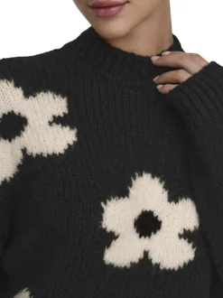 Pull noir et écru à manches longues orné d'un motif floral oversize