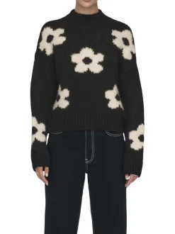 Pull noir et écru à manches longues orné d'un motif floral oversize