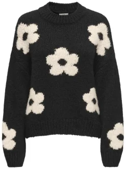 Pull noir et écru à manches longues orné d'un motif floral oversize
