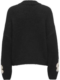 Pull noir et écru à manches longues orné d'un motif floral oversize