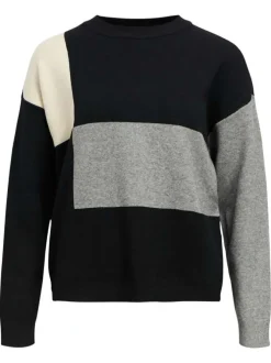 Pull noir et gris en maille fine avec une coupe droite et un col rond