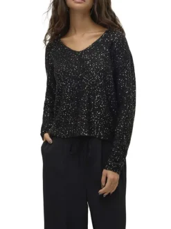 Pull noir fantaisie brodé de sequins argentés avec un léger col v