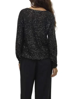Pull noir fantaisie brodé de sequins argentés avec un léger col v