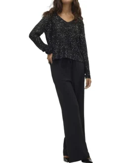 Pull noir fantaisie brodé de sequins argentés avec un léger col v