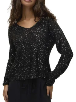 Pull noir fantaisie brodé de sequins argentés avec un léger col v