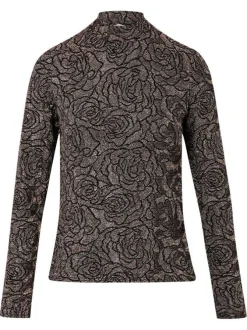Pull noir floral coupe près du corps col montant et des manches longues