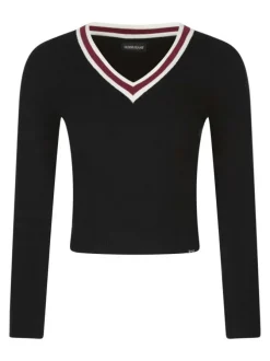 Pull noir imprimé à col v avec une coupe moulante et des manches longues