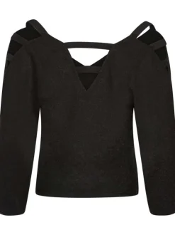 Pull noir léger, coupe ample, à col en V profond et à manche 3/4