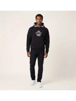 Pull noir à motifs avec une coupe droite à capuche et à manches longues