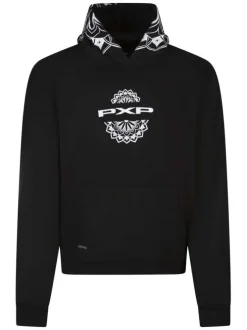 Pull noir à motifs avec une coupe droite à capuche et à manches longues