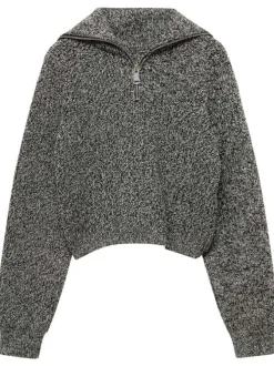 Pull noir moucheté à coupe droite, col camionneur et à manches longues