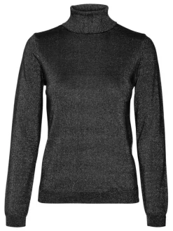 Pull noir pailleté avec une coupe près du corps et un col roulé
