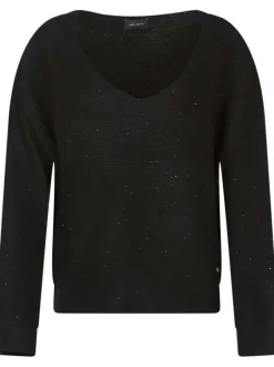 Pull noir pailleté doux épais avec une coupe droite et un col v