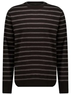 Pull noir rayé avec une coupe droite à col rond et des manches longues