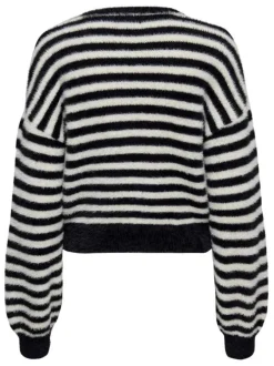 Pull noir rayé en blanc avec une coupe droite et un col rond