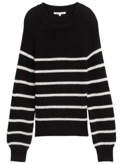 Pull noir à rayures blanches pourvu d'un col rond et de manches longues