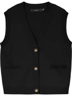 Pull noir uni avec un col v profond et boutonnière écaille de tortue