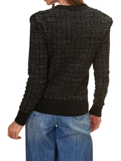 Pull noir uni avec une coupe droite à col rond et du lurex all-over
