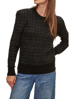 Pull noir uni avec une coupe droite à col rond et du lurex all-over