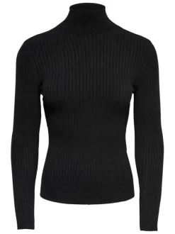 Pull noir uni avec une coupe droite à col roulé et des manches longues